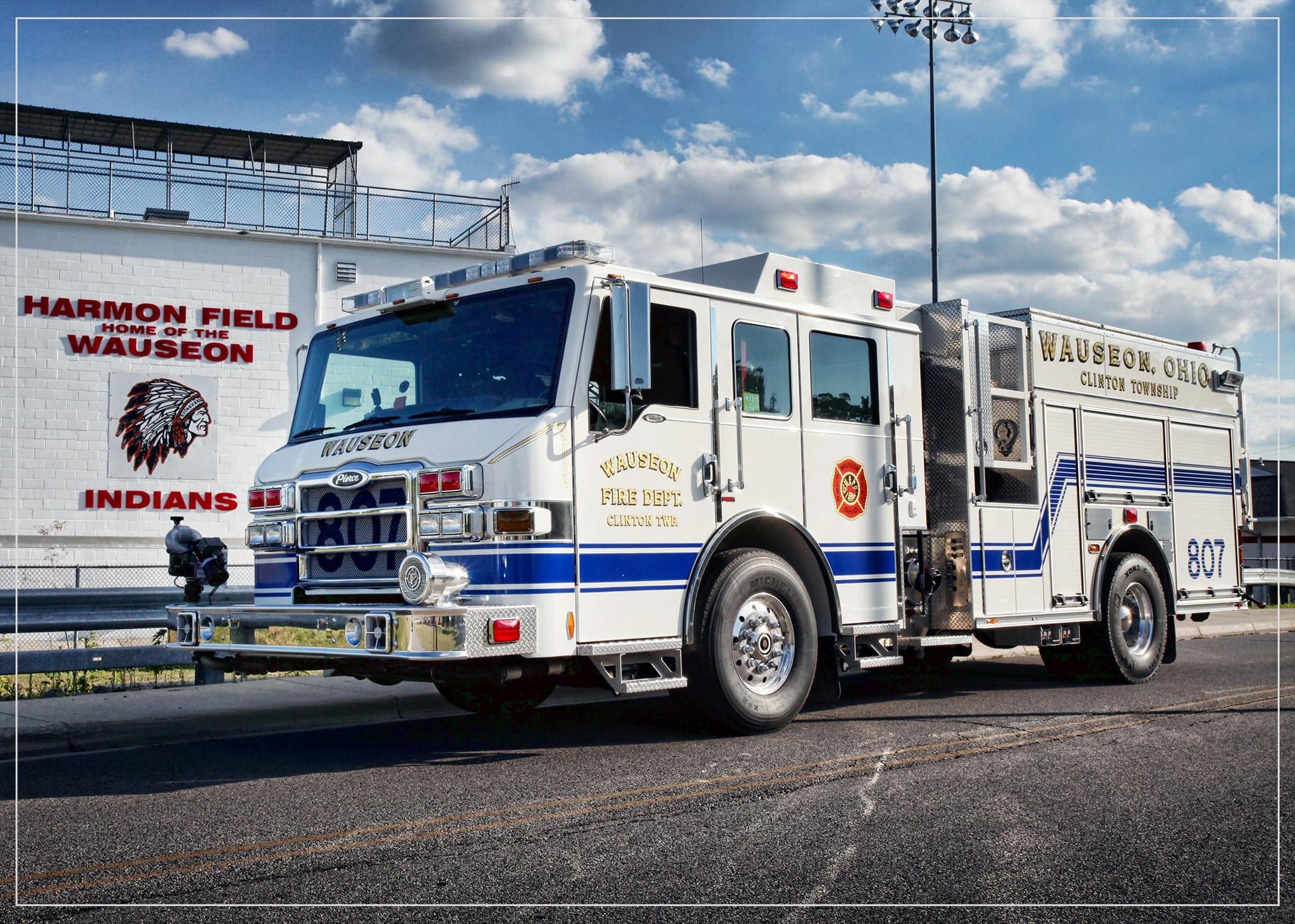 Engine 807 parked in front of Harmon Field