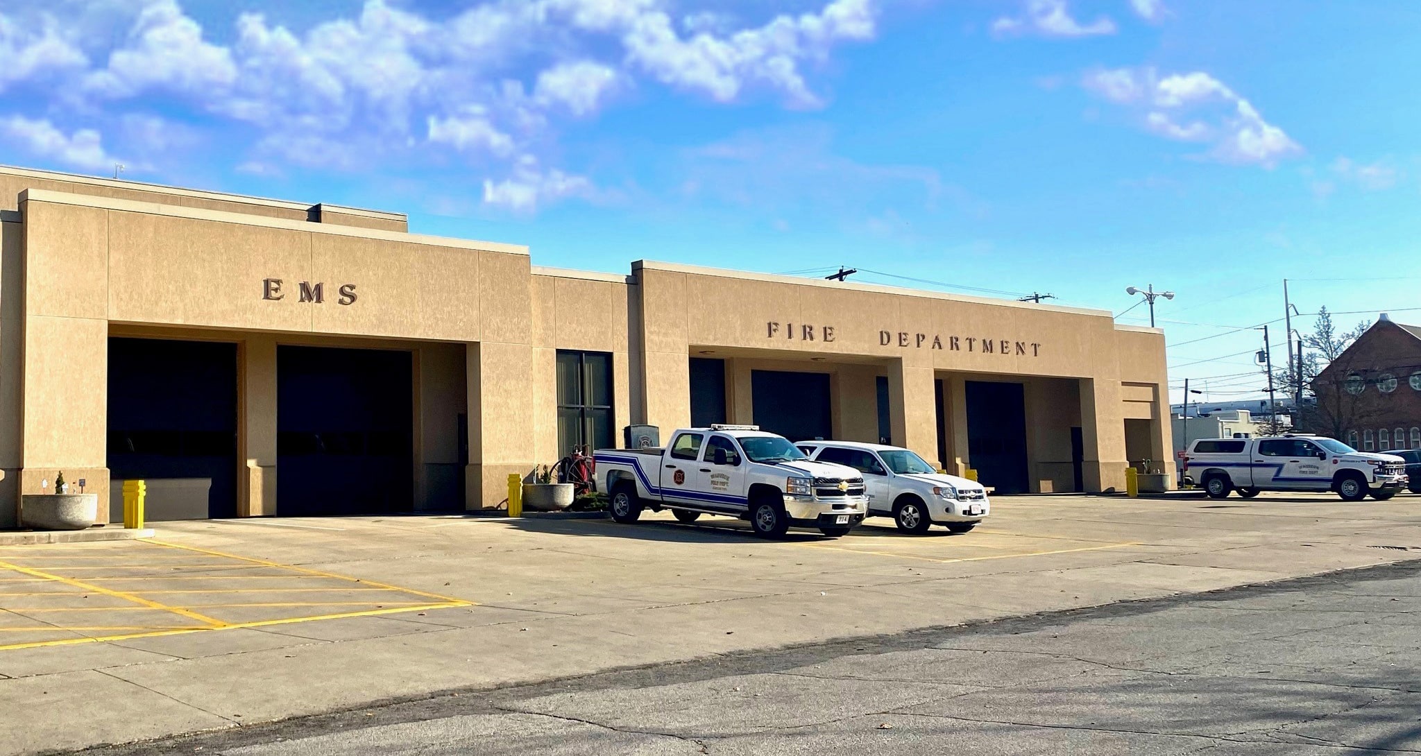 The front of station 800 on a partly cloudy day